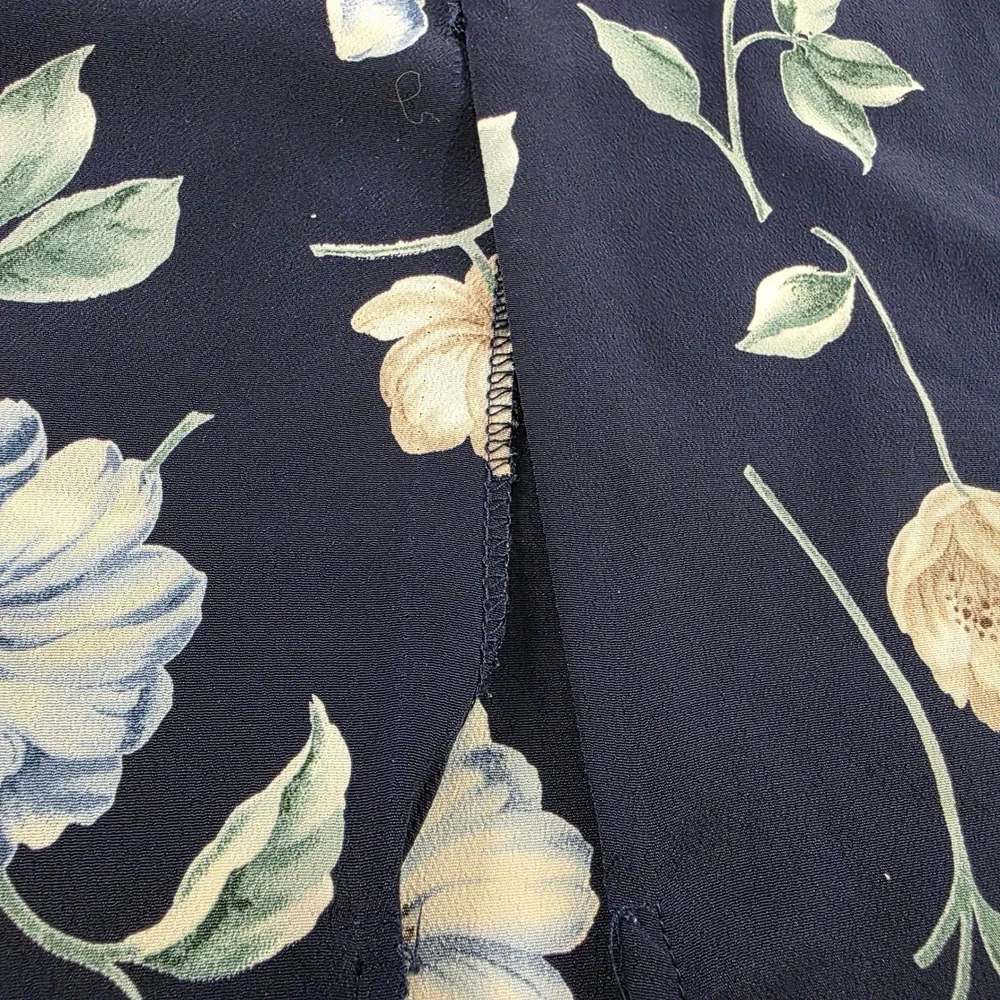 Floral Midi Skirt Elastic‎ Waist Navy Blue Vintage 34 Large Cottagecore Spring